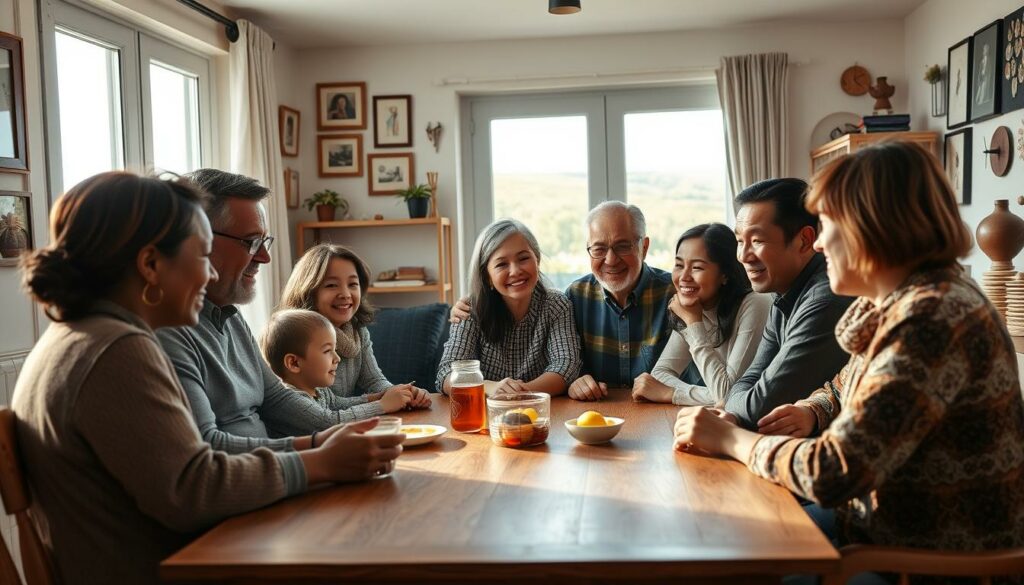 A warm, cozy family home setting with soft natural light filtering through large windows. In the foreground, a group of diverse family members - adults and children of different ages, races, and backgrounds - gathered around a wooden table, engaged in open and honest conversation. Their expressions convey a sense of belonging, trust, and shared understanding. In the middle ground, family photos, heirlooms, and cultural artifacts adorn the walls, reflecting the rich tapestry of their shared heritage and unique identities. The background depicts a serene, inviting landscape outside, suggesting a sense of security, grounding, and connection to one's roots. Overall, the scene evokes a palpable atmosphere of openness, acceptance, and the importance of acknowledging and celebrating one's origins and sense of self.