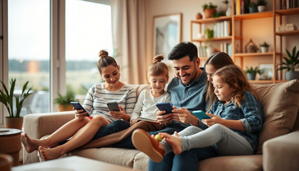 A warm, cozy family scene in a comfortable living room. In the foreground, a family of four - parents and two young children - sitting together on a plush sofa, their phones and devices set aside as they engage in quality time, perhaps playing a board game or reading a book together. The mid-ground features a neatly decorated interior with warm lighting, bookshelves, and potted plants, conveying a sense of tranquility and togetherness. The background showcases a serene outdoor view through a large window, hinting at the beauty of the natural world beyond the digital realm. The overall mood is one of relaxation, connection, and a deliberate break from the digital distractions of everyday life.