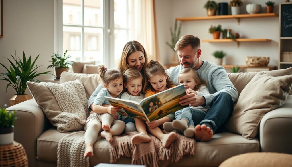 A warm, cozy living room with a family of four - parents and two young children - gathered together on a large plush sofa. Soft, natural lighting filters in through a window, casting a comforting glow. The children are engrossed in a picture book, while the parents attentively listen and interact. Decorative elements like throw pillows, a knitted blanket, and potted plants create a inviting, homely atmosphere. The family's expressions convey a sense of quality time spent together, unburdened by the demands of busy schedules. An intimate, peaceful scene capturing the essence of "Familienzeit".