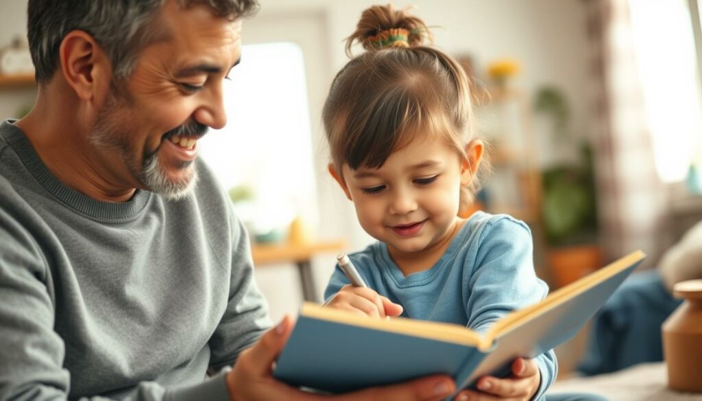 A warm, family-centered scene showcasing a caring parent serving as a positive role model for their child. The foreground depicts a parent and child engaged in a shared activity, perhaps reading a book or working on a craft project together. The parent's expression radiates warmth, patience, and genuine interest, guiding the child with a gentle, supportive demeanor. The middle ground showcases the home environment, a cozy, well-lit space filled with subtle cues of a nurturing, values-driven household. The background suggests a wider community, hinting at the broader societal impact of positive parental influence. Soft, natural lighting bathes the scene, conveying a sense of tranquility and inspiration. The overall composition emphasizes the importance of parental role models in shaping a child's development and values.