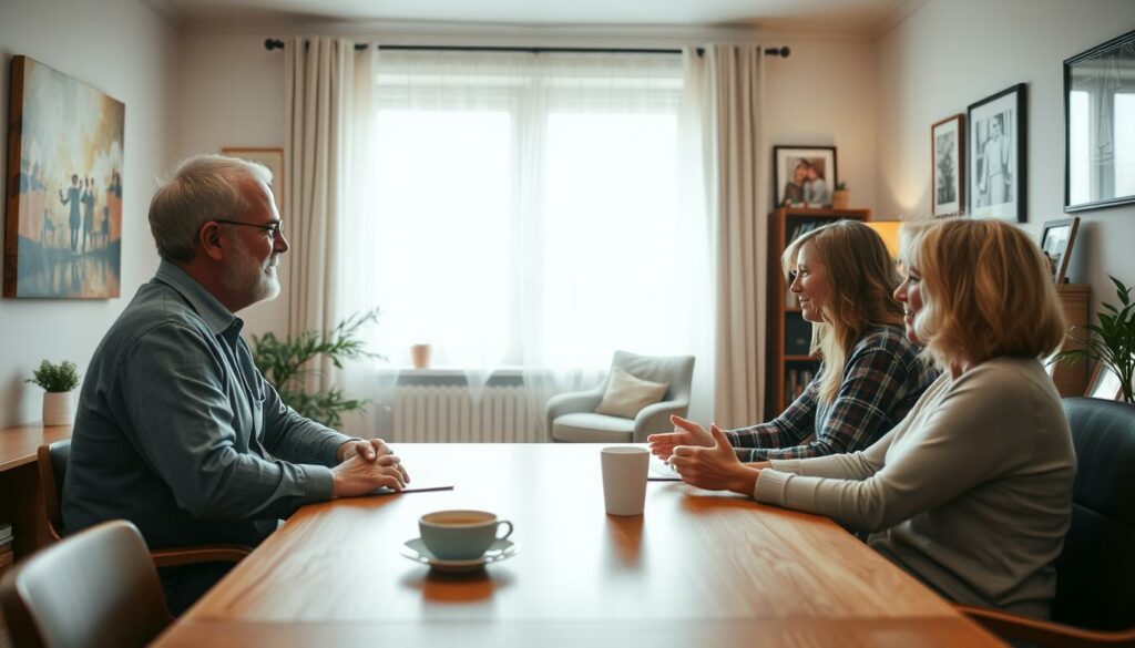 A warm, inviting family counseling session taking place in a cozy home office. In the foreground, a kindly, middle-aged counselor sits across from a couple at a wooden table, their body language open and engaged. Soft, diffused lighting from a large window bathes the scene in a soothing glow. On the walls, tasteful abstract artwork and family photos hint at the caring, supportive atmosphere. The overall mood is one of trust, understanding, and the promise of new beginnings. A visually striking representation of the "Wege aus dem Schweigen: Praktische Hilfe" section.
