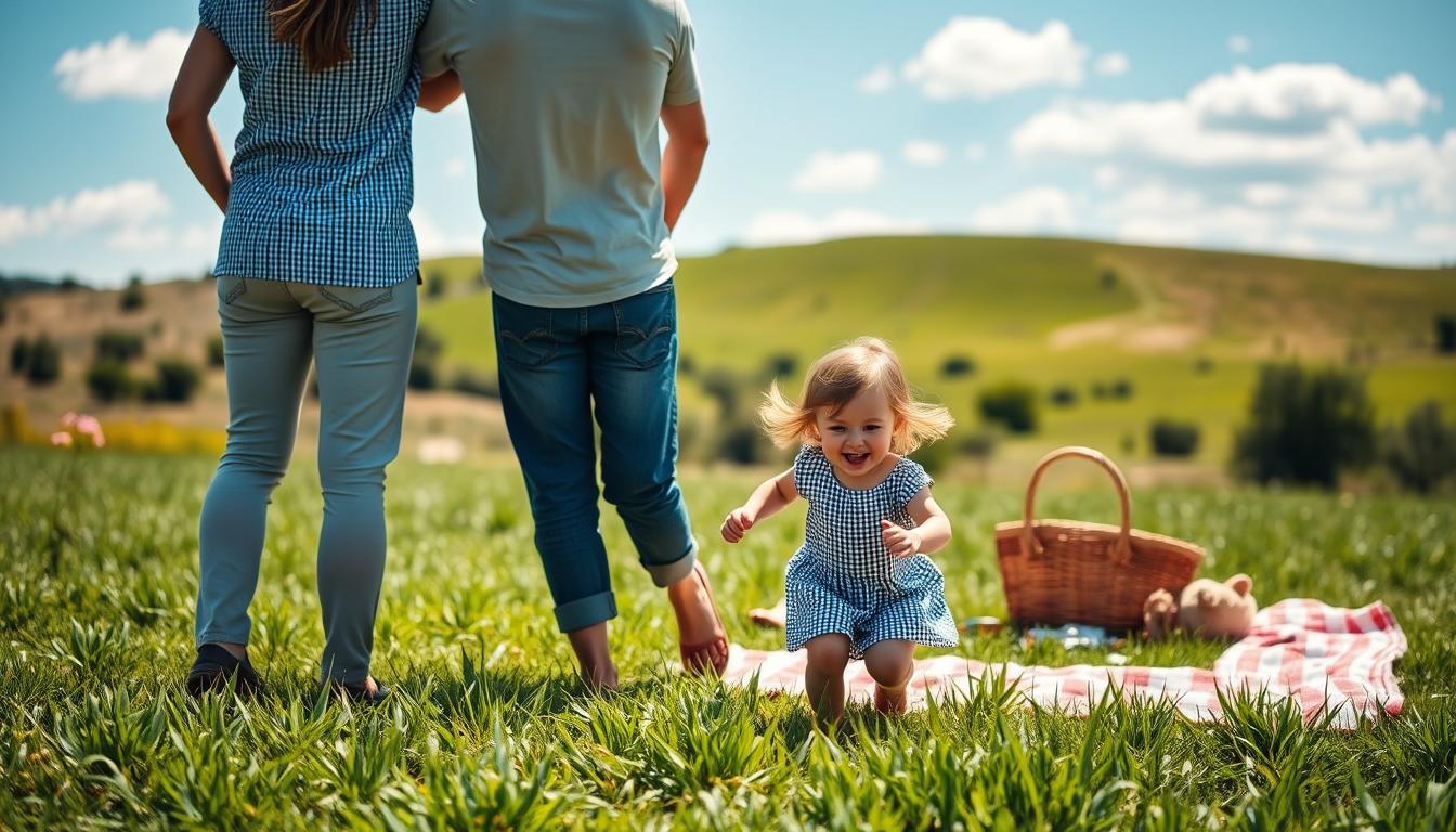 A warm, inviting family portrait of parents and children enjoying a sunny day outdoors. In the foreground, a mother and father stand side by side, their arms around each other, gazing lovingly at their two young children playing at their feet. The children, a boy and a girl, are laughing and running in the lush green grass, their bright, playful expressions capturing the joy of family connection. In the middle ground, a picnic blanket and basket suggest a peaceful afternoon gathering. The background features a serene landscape of rolling hills, a clear blue sky, and a few fluffy clouds, creating a tranquil, idyllic setting that reflects the nurturing, supportive environment of the family. Soft, natural lighting illuminates the scene, enhancing the sense of comfort and togetherness.
