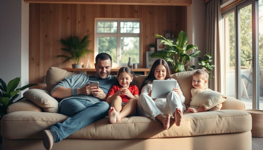 A warm, inviting family scene with a digital detox theme. In the foreground, a family of four - parents and two children - relaxing together on a plush, oversized sofa, their devices nowhere in sight. The middle ground features a cozy, well-lit living room with natural wood accents and lush, verdant house plants. In the background, large windows offer a glimpse of a tranquil, sun-dappled outdoor space. The overall mood is one of calm, connection, and a renewed focus on quality time spent together, free from the distractions of digital devices. Soft, natural lighting illuminates the scene, conveying a sense of peacefulness and mindfulness.