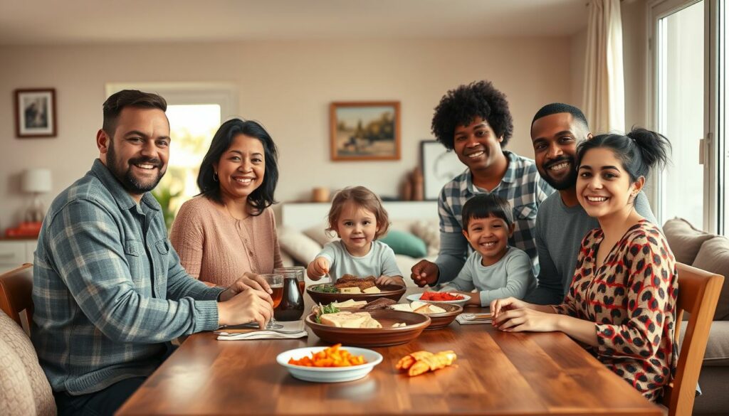 A warm, inviting patchwork family portrait in a cozy domestic setting. In the foreground, a diverse group of adults and children, their ages and ethnicities blending harmoniously, gathered around a wooden dining table. Soft lighting filters through large windows, casting a gentle glow on their faces as they share a meal together. The middle ground reveals hints of a lived-in living room, with plush furnishings and personal mementos reflecting the family's vibrant personalities. In the background, a neutral-toned wall acts as a calming backdrop, allowing the focus to remain on the heartwarming scene unfolding. The overall atmosphere conveys a sense of togetherness, acceptance, and the beauty of blended family dynamics.