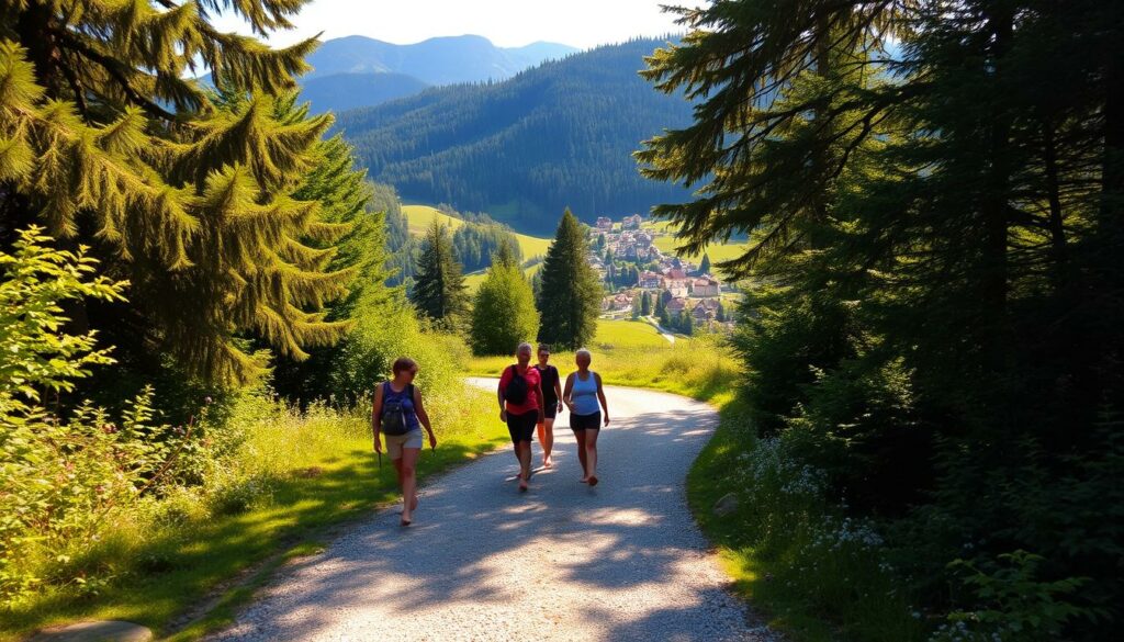 A winding gravel path surrounded by lush, verdant foliage winds its way through the picturesque Appenzell countryside. Towering pine trees flank the trail, casting dappled shadows on the ground below. Ahead, the path opens up to reveal a breathtaking view of the Jakobsbad and Gontenbad villages nestled in the rolling hills. The warm, golden light of the sun bathes the scene, creating a serene and inviting atmosphere. A group of hikers, barefoot and carefree, stroll along the "Barfussweg" (Barefoot Trail), taking in the sights, sounds, and sensations of the natural world around them.