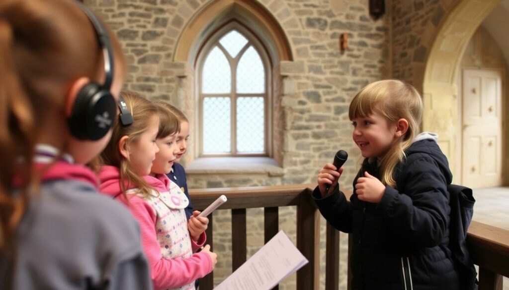 Ein Bild von Kindern bei der Audio-Tour in Schloss Hallwyl