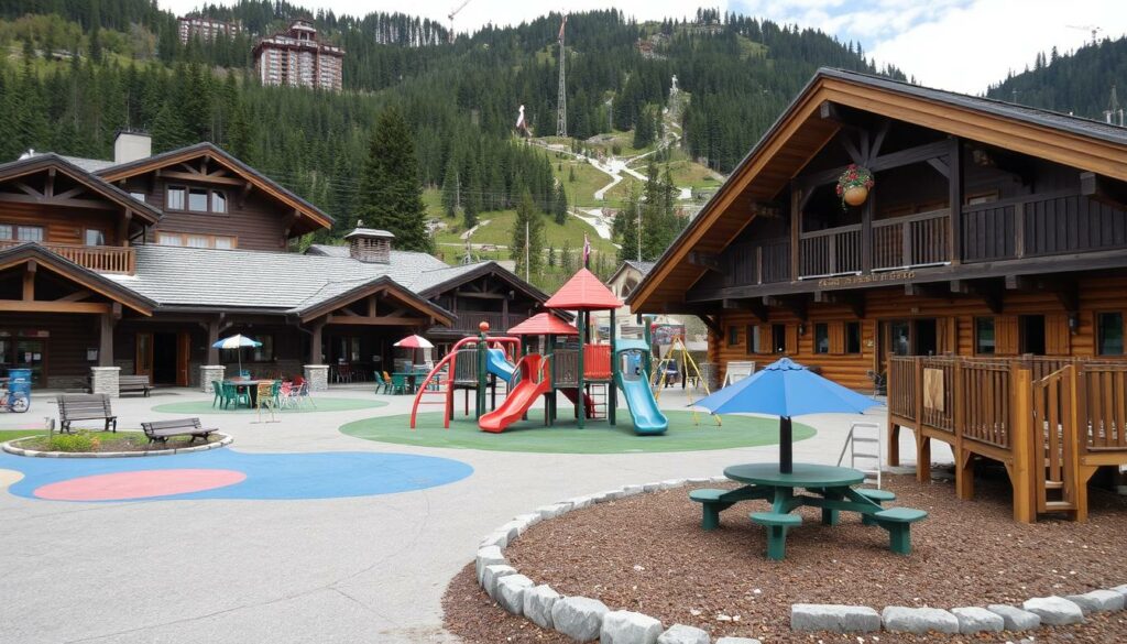 Ein Bild von einer Bergstation mit Spielplatz und Kinderattraktionen