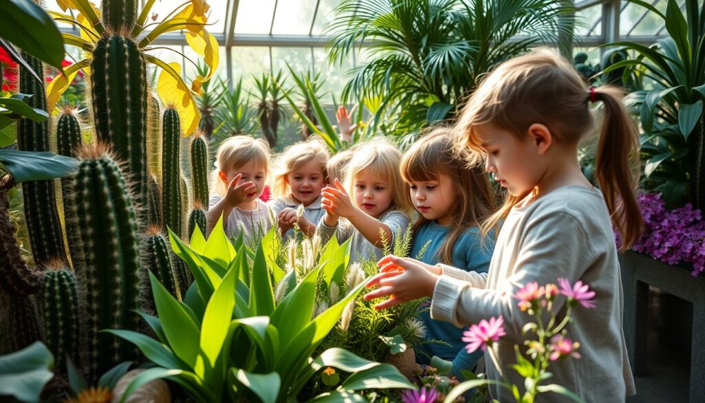 Kinder gather enthusiastically around lush plant displays in the botanical garden, exploring the wonders of nature up close. Sunlight streams through the glass greenhouse, casting a warm, inviting glow. Curious hands reach out to touch velvety leaves and colorful blooms, as young scientists immerse themselves in hands-on discovery. Towering cacti, carnivorous plants, and fragrant herbs captivate their attention, sparking imagination and a deeper understanding of the natural world. The scene exudes a sense of wonder, learning, and joy, perfectly capturing the spirit of an engaging botanical experience for children.