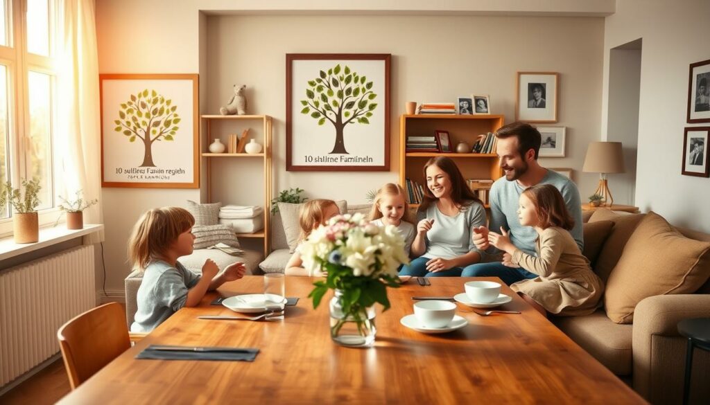 A cozy family living room with warm, natural lighting filtering through large windows. On the walls, a framed artwork depicting a tree with nine leaves, representing the "10 sinnvolle Familienregeln" for harmony. In the foreground, a wooden table with simple, elegant tableware and a vase of fresh flowers. Around the table, a family of four - two parents and two children - engaged in a lively discussion, their expressions conveying a sense of togetherness and understanding. The background features bookshelves, framed family photos, and a plush, inviting sofa, creating an atmosphere of comfort and security. The overall scene exudes a feeling of unity, communication, and the importance of establishing meaningful family rules.