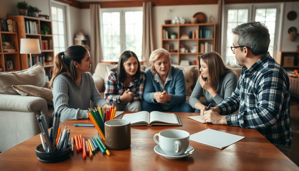 A cozy living room setting, with a family gathered around a table, discussing and establishing household rules. In the foreground, a warm wooden table, with a variety of colorful pens, notepads, and a cup of steaming tea or coffee. In the middle ground, the family members, representing different ages and genders, engaged in a lively conversation, their expressions intent and focused. The background features comfortable armchairs, bookshelves, and soft, natural lighting filtering through large windows, creating a welcoming and inviting atmosphere. The overall mood is one of collaboration, compromise, and the building of a strong family dynamic through the establishment of mutually agreed-upon rules.