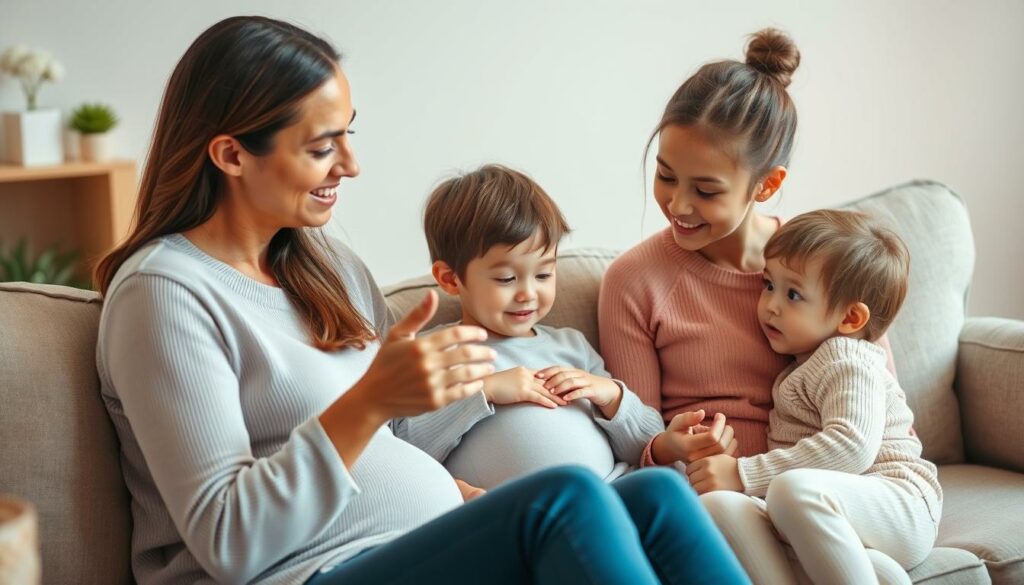 A warm and inviting scene of a parent sitting on a couch, explaining pregnancy concepts to two curious children. The parent has a gentle, patient expression, while the children listen intently, their faces alight with curiosity. The room is softly lit, creating a cozy, intimate atmosphere. The background features soothing pastel tones, with subtle details that suggest a nurturing, family-friendly environment. The overall composition conveys a sense of understanding, care, and open communication between the parent and children.