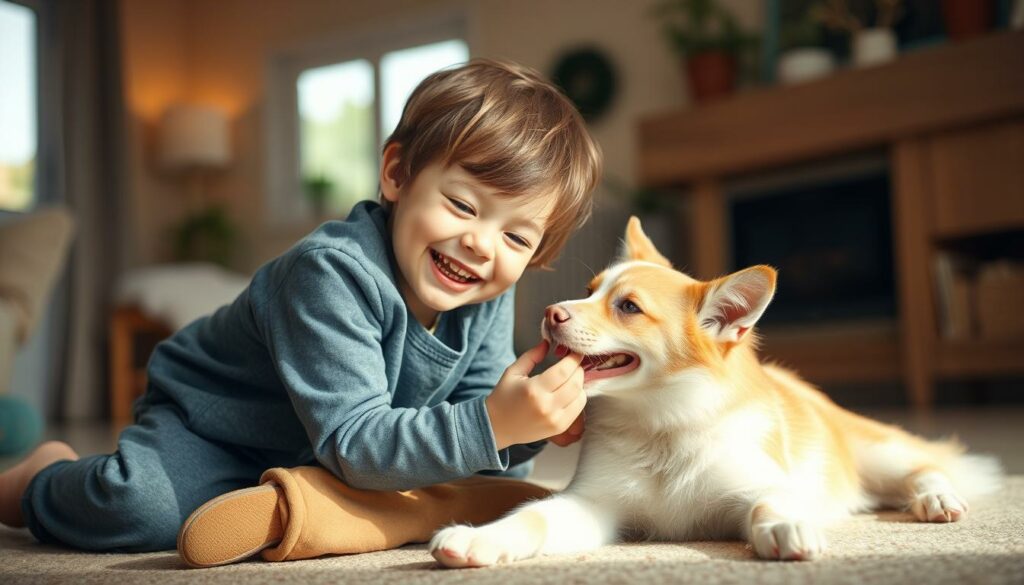 A warm, family-friendly scene of a young child joyfully interacting with a friendly household pet. The child, dressed in casual, comfortable clothing, is seated on the floor, engaging in gentle play with a docile, well-groomed dog or cat. The interaction is characterized by a sense of mutual affection and trust, with the child's face beaming with a wide, genuine smile. The background features a cozy, well-lit interior, with soft, natural lighting filtering in through a window, casting a welcoming glow on the pair. The overall atmosphere conveys a sense of comfort, security, and the special bond between children and their animal companions.