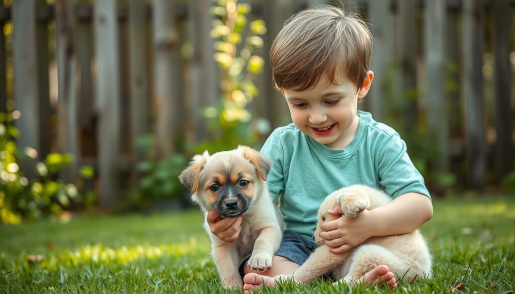 A young child, approximately 5-7 years old, sitting on the grass and gently petting a small, fluffy puppy. The child has a warm, nurturing expression on their face, showcasing their care and responsibility towards the pet. The scene is set in a lush, verdant backyard, with a wooden fence in the background and soft, diffused natural lighting illuminating the moment. The atmosphere conveys a sense of tranquility, connection, and the child's growing understanding of the joys and obligations of caring for a companion animal.