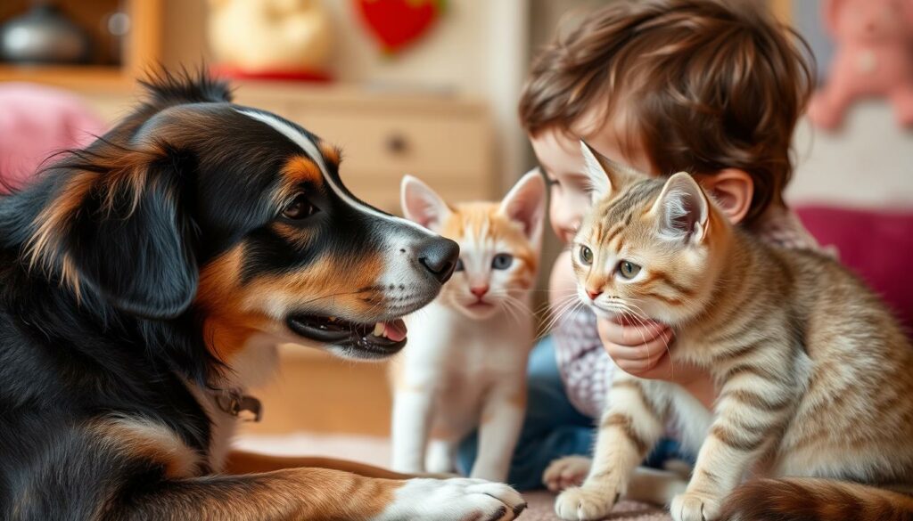 Ein Bild von einem Hund und einer Katze, die freundlich mit einem Kind interagieren.