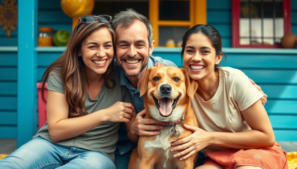 Ein Bild von einer glücklichen Familie mit ihrem Haustier