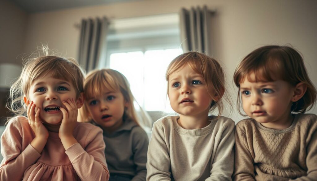 Emotional reactions of children in soft, muted tones. A group of young siblings, each expressing a distinct emotional state - joy, confusion, frustration, curiosity - as they react to a significant family event. The scene is captured in a warm, intimate setting with natural lighting filtering through a window, casting a gentle glow. The children's faces and body language convey the complex range of feelings, inviting the viewer to empathize and understand their emotional journey. The composition balances the individual expressions within a harmonious, cohesive whole, reflecting the nuanced emotional landscape of children navigating a transitional family moment.