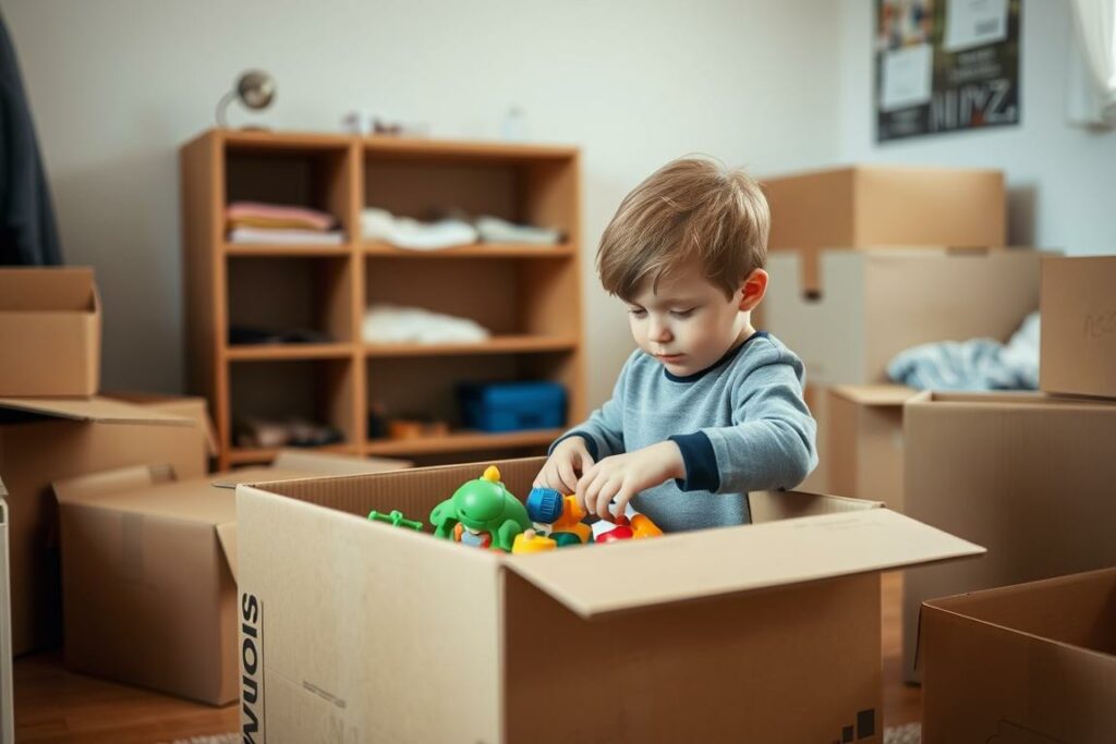 Kind packt Spielzeug in Umzugskartons