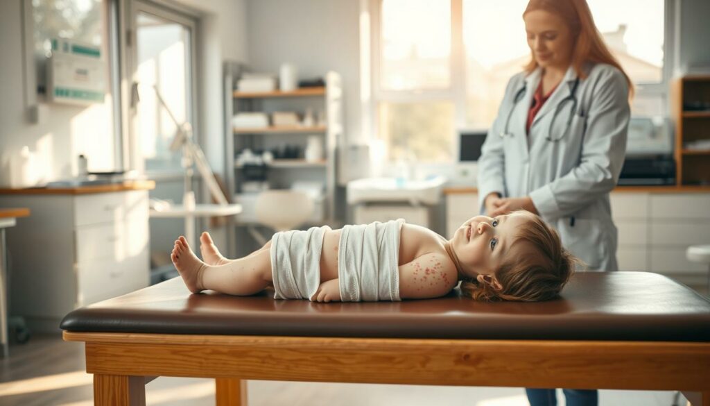 A brightly lit medical examination room with a wooden examination table in the foreground. On the table, a young child lies wrapped in soft, white bandages, their skin dotted with the characteristic red blisters of chickenpox. Nearby, a caring physician in a white lab coat stands, their face expression conveying empathy and concern as they examine the child. In the background, medical equipment and supplies are neatly organized, suggesting a professional, sterile environment. Warm, natural lighting filters in through large windows, creating a soothing, comforting atmosphere. The overall scene captures the sensitive, compassionate treatment of a child suffering from chickenpox.