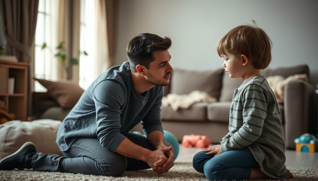 A calm, peaceful scene of a parent and child resolving a conflict through open communication and gentle guidance. In the foreground, the parent kneels down, making eye contact with the child, their expressions serene and attentive. The middle ground features a cozy, inviting living room setting, with muted tones and soft lighting, creating an atmosphere of understanding and trust. In the background, subtle hints of the child's toys and other personal belongings suggest a nurturing, family-oriented environment. The overall mood conveys the importance of empathy, patience, and collaboration in navigating challenges and setting healthy boundaries with children.