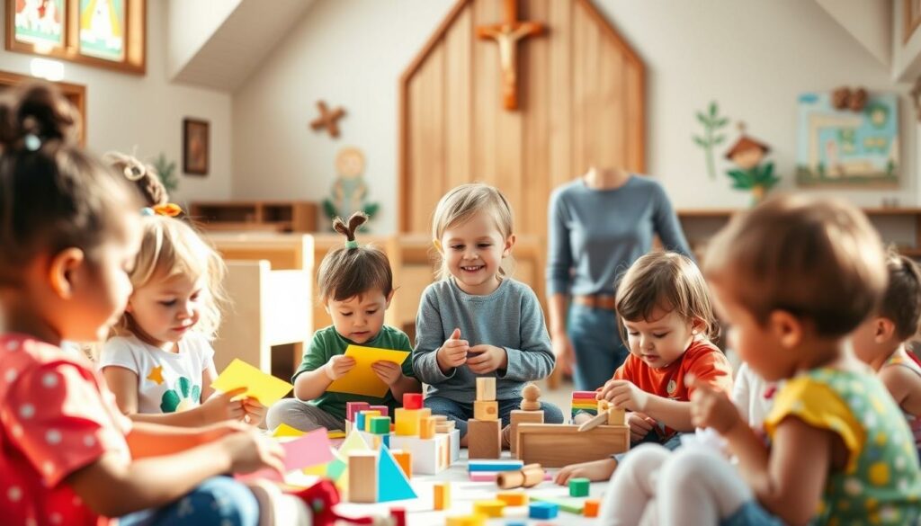 A cheerful, sun-lit children's church service with a whimsical, hand-crafted aesthetic. In the foreground, a group of young children engaged in vibrant, creative activities - making colorful paper crafts, building with wooden blocks, and playing with plush toys. In the middle ground, a kind, smiling youth leader guiding and encouraging them. The background features a warm, welcoming church setting with cozy furnishings, natural wood accents, and playful religious imagery. The overall mood is one of joyful, interactive learning and spiritual connection, inspiring a sense of confidence and community in the children.