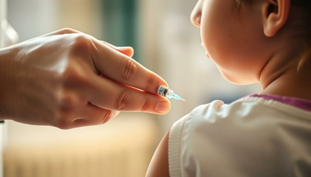 A close-up shot of a nurse's hand gently administering a vaccination into a child's arm. The scene is bathed in warm, natural lighting, creating a sense of care and comfort. The child's face is turned away, with a look of slight apprehension, but the nurse's gentle touch and reassuring expression convey a sense of trust and safety. The background is blurred, focusing the viewer's attention on the intimate moment between the nurse and the child. The image reflects the importance of the varicella vaccine in protecting individuals, especially children, from the discomfort and potential complications of chickenpox.