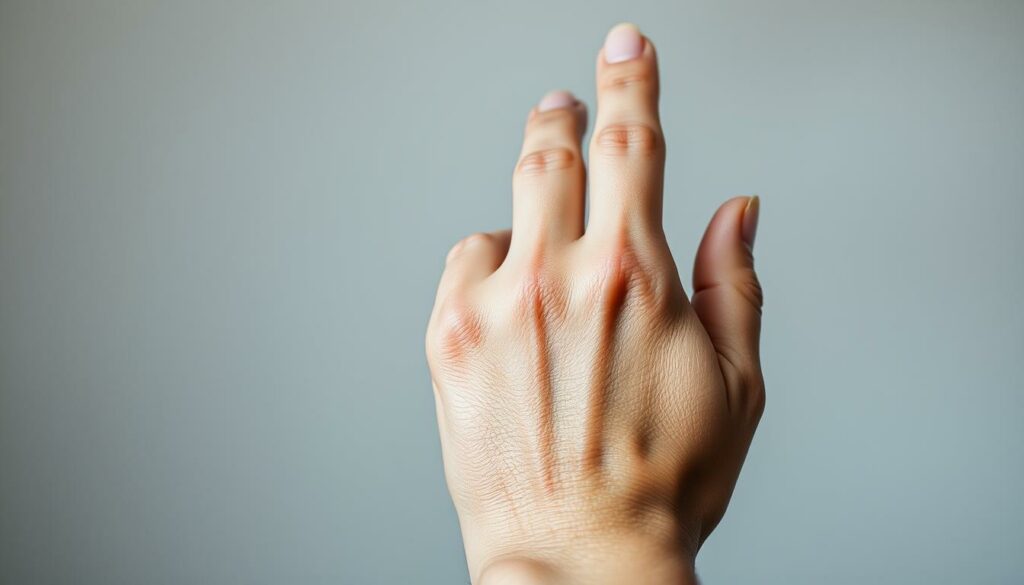 A close-up view of a human hand grasping its swollen, inflamed lymph nodes against a blurred, muted background. The nodes are visibly enlarged, with a reddish-purple hue and a slightly textured surface. The lighting is soft and natural, creating a somber, clinical atmosphere. The hand is captured in a neutral, informative pose, highlighting the medical nature of the image. The depth of field is shallow, drawing the viewer's attention to the affected area. The overall composition conveys the discomfort and potential complications associated with the mumps condition.