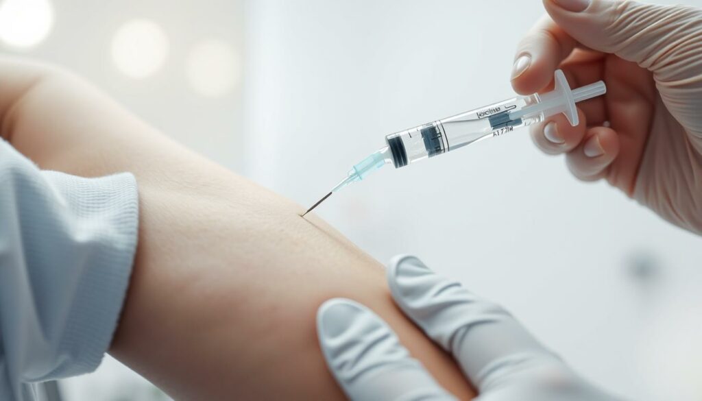 A close-up view of a person's arm receiving an injection from a healthcare professional's hand, with a syringe filled with a clear liquid vaccine. The skin is gently pinched, and the needle is being carefully inserted. The background is blurred, but shows a clean, sterile medical environment. The lighting is soft and diffused, creating a calming atmosphere. The focus is on the moment of vaccination, conveying the importance and care taken during this routine but essential medical procedure to protect against the measles, mumps, and rubella virus.