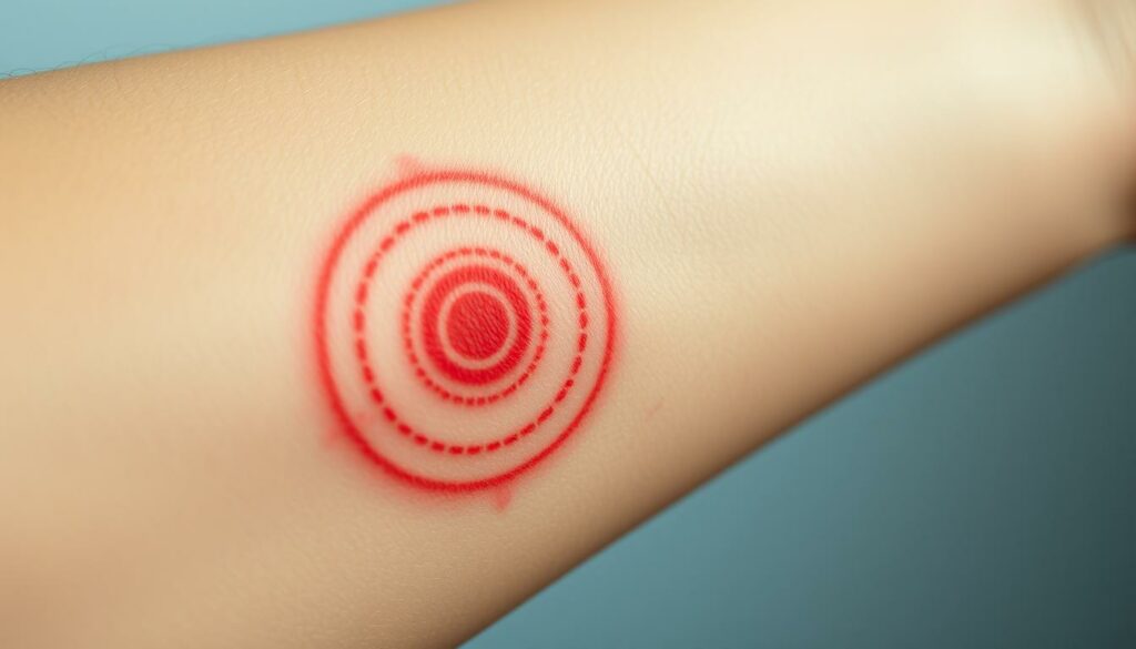 A close-up view of an adult's arm, showcasing the characteristic rash of ringelröteln (also known as erythema migrans). The rash appears as a series of red, concentric circles, starting with a central red spot that gradually expands outward, creating a bullseye-like pattern. The skin has a slightly raised, inflamed texture, and the rash is surrounded by a subtle pinkish hue. The lighting is soft and diffused, emphasizing the delicate details of the rash. The background is blurred, keeping the focus on the affected area. The overall mood is clinical yet visually engaging, providing a clear illustration of the distinctive ringelröteln rash in adults.