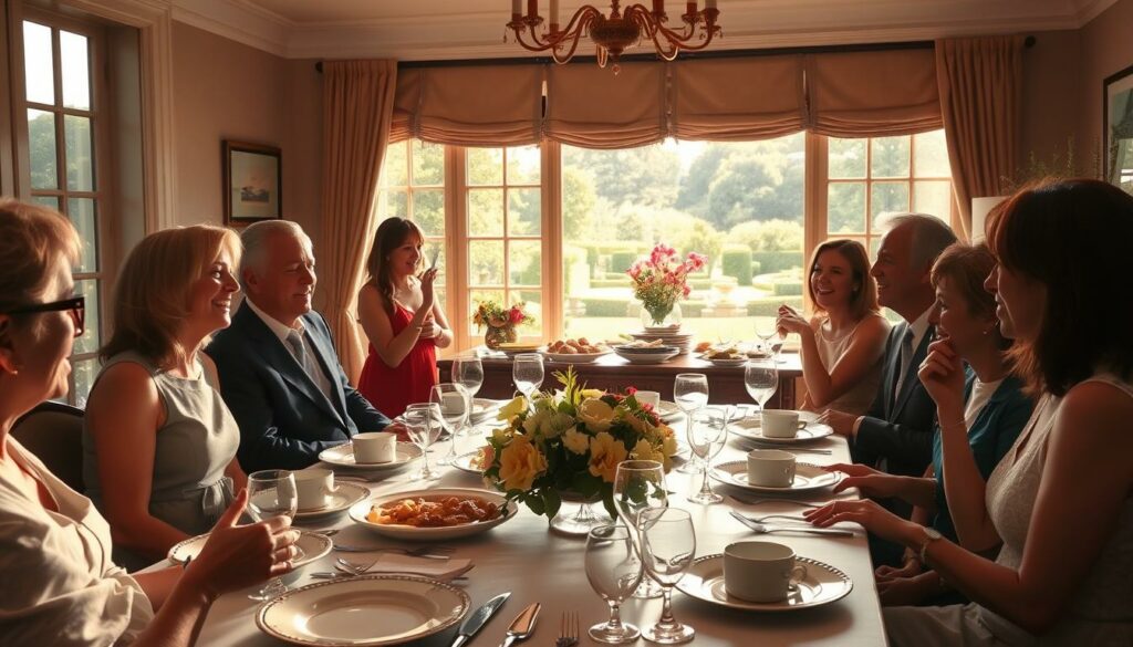 A cozy dining room filled with warm, soft lighting and an inviting atmosphere. In the foreground, a beautifully set table with delicate china, shining silverware, and a centerpiece of fresh flowers. Around the table, a group of well-dressed guests engaged in lively conversation, their faces alight with joy and contentment. The middle ground features a sideboard laden with an array of enticing dishes, the aromas wafting through the air. In the background, large windows offer a glimpse of a picturesque garden, the sunlight filtering in and casting a golden glow over the scene. The overall mood is one of conviviality, comfort, and the pure pleasure of sharing a delicious meal with loved ones.