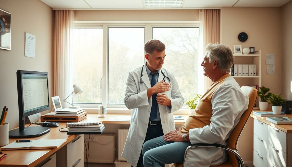 A cozy doctor's office setting with a physician's desk, medical equipment, and a patient receiving treatment for Ringelröteln. The room is bathed in warm, natural lighting from a large window, creating a calming atmosphere. The doctor, wearing a white lab coat, is gently examining the patient's skin, pointing out the characteristic rash. On the desk, there are medical journals, a stethoscope, and a computer display showing the patient's test results. The overall scene conveys a sense of professional care and expertise in addressing this specific medical condition.