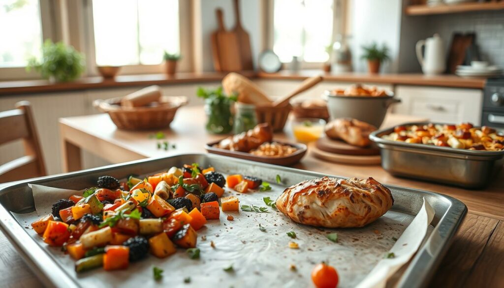 A cozy kitchen scene with a large baking sheet in the foreground, filled with a variety of simple yet delicious-looking home-cooked dishes, such as roasted vegetables, baked chicken, and a savory casserole. The middle ground features a wooden table with a rustic bread basket, fresh herbs, and a few kitchen utensils, creating a warm and inviting atmosphere. In the background, a bright window allows natural light to stream in, illuminating the scene and giving it a comfortable, homey feel. The overall composition conveys a sense of effortless, comforting cuisine that is easy to prepare, in line with the "Bewährte Rezepte für unkompliziertes Gutes Essen" theme.