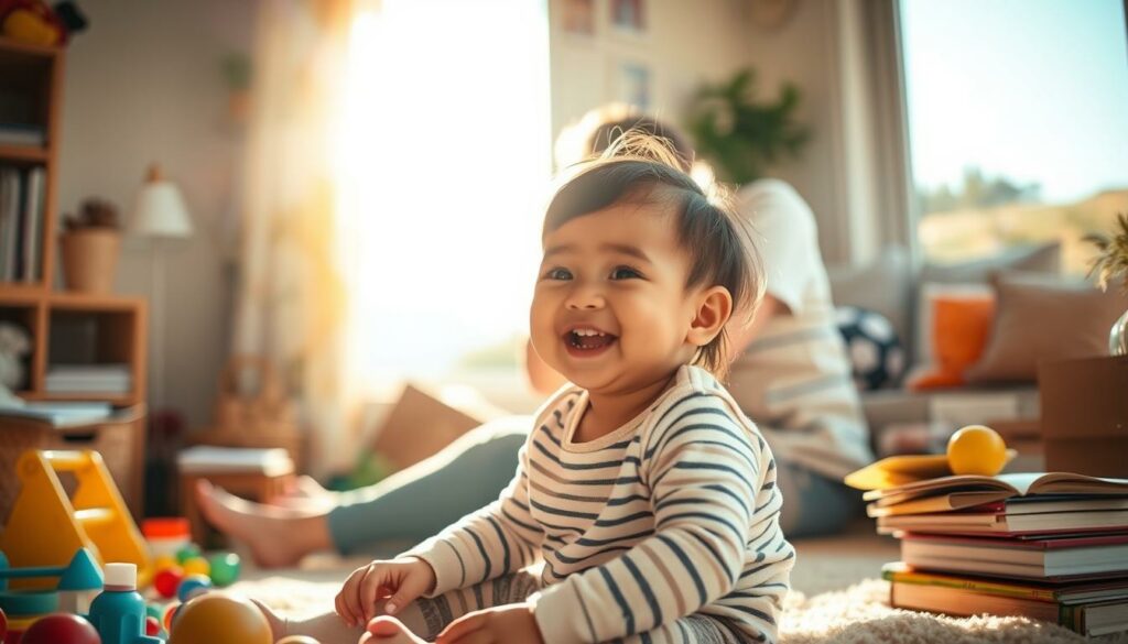 A cozy, sun-drenched scene depicting the key basic needs of children. In the foreground, a young child sits contentedly, surrounded by toys and books, their face radiating joy and security. In the middle ground, a parent tenderly embraces the child, conveying the importance of love, care, and belonging. The background features a serene, natural landscape, hinting at the child's need for a safe, nurturing environment. The lighting is warm and soft, creating an atmosphere of comfort and well-being. The overall composition evokes a sense of balance, harmony, and the fundamental elements that foster a child's healthy development.
