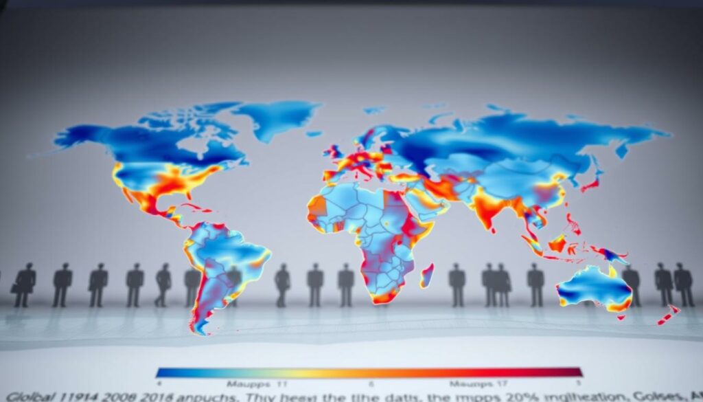 A detailed epidemiological map depicting the global distribution and prevalence of the mumps virus. The foreground shows a colorful heatmap with gradients of blues and reds, illustrating the infection rates across different regions. The middle ground features stylized silhouettes of people, representing the affected populations. In the background, a subtle world map provides geographic context, with country borders faintly visible. The lighting is soft and diffused, creating a sober and informative atmosphere. The composition is balanced, with a focus on clarity and data visualization to convey the scale and magnitude of mumps outbreaks worldwide.