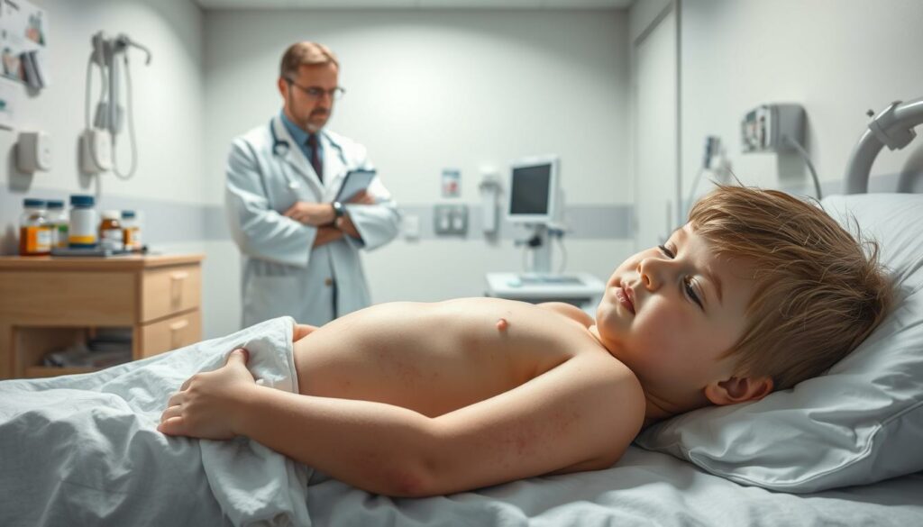 A detailed illustration depicting the progression of scarlet fever (Scharlach Krankheitsverlauf). In the foreground, a young patient lies in bed, their skin flushed with a distinct red rash. Surrounding them, medical equipment such as a thermometer and prescription bottles convey the clinical setting. In the middle ground, a physician examines the patient, concern etched on their face. The background features a softly lit examination room, with clean white walls and modern medical equipment. The overall atmosphere is one of professionalism and concern, capturing the seriousness of the scarlet fever condition.