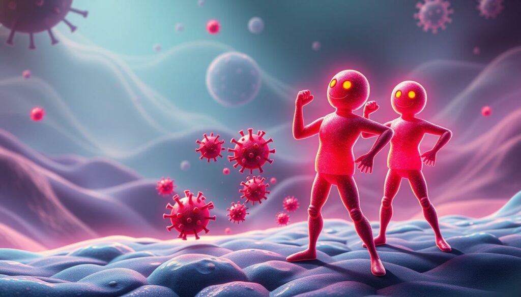 A detailed illustration of a strong immune system, depicting a trio of colorful, energetic antibodies battling against a viral infection. In the foreground, three dynamic, anthropomorphized antibody figures stand triumphantly, their forms glowing with a vibrant, neon-like energy. In the middle ground, a swarm of smaller, sinister-looking viral particles are being overwhelmed and repelled by the antibody defenders. The background features a dynamic, abstract landscape of undulating, ethereal shapes and patterns, suggesting the complex biological processes at work. The overall scene conveys a sense of power, resilience, and the body's natural defenses against illness.