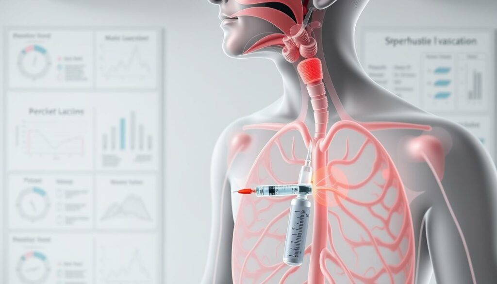A detailed medical diagram of a "Keuchhusten Impfung" (Pertussis Vaccination) against the infectious respiratory disease, rendered in a clean, scientific style. The image depicts the anatomy of the human body, with a focus on the upper respiratory system and the administration of the vaccine. The foreground showcases the injection site, while the middle ground highlights the path of the vaccine as it enters the body. The background features a muted, clinical setting, with subtle diagrams and charts providing additional context. The overall composition conveys a sense of medical professionalism and educational purpose, without any distracting elements.