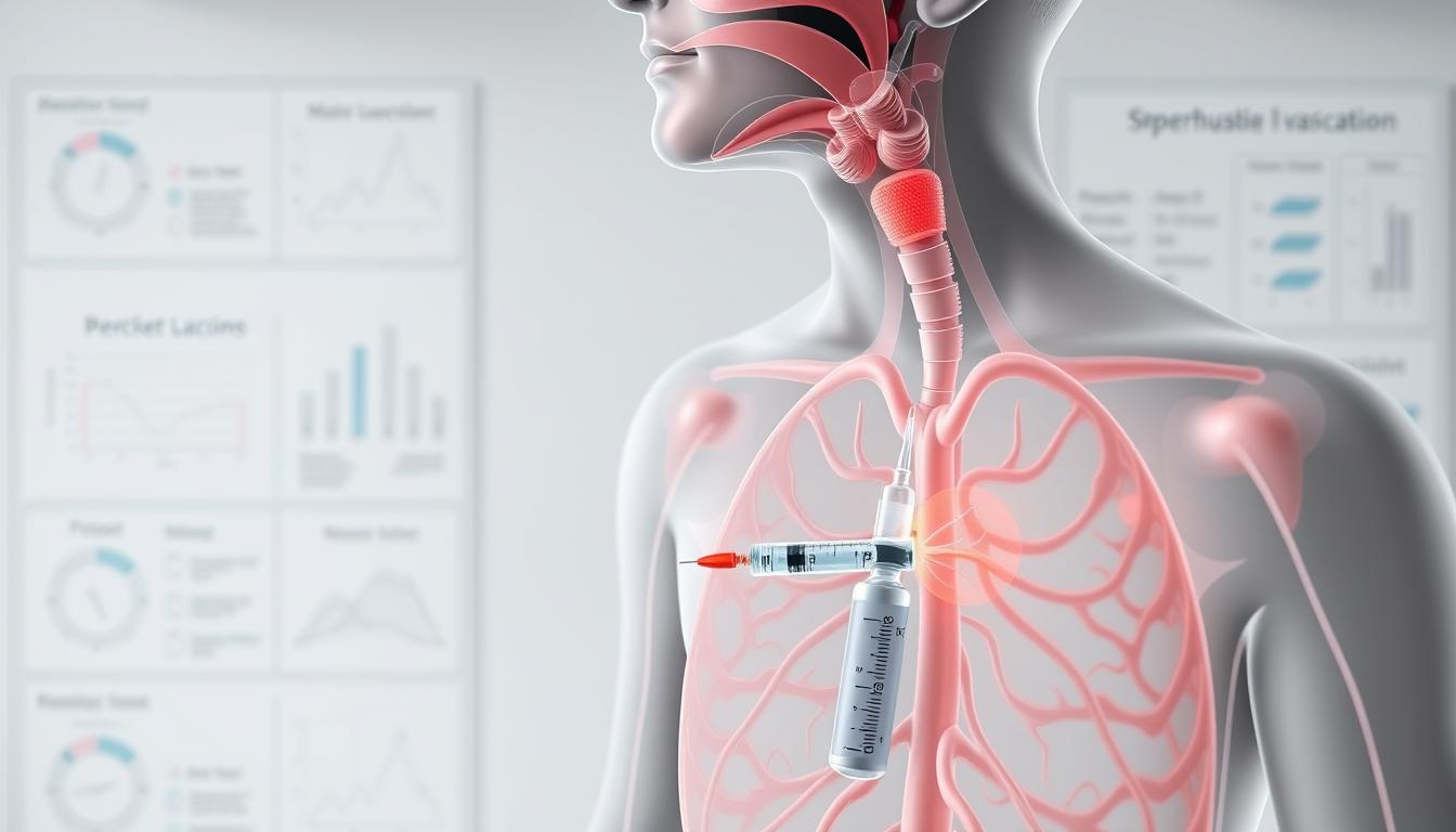 A detailed medical diagram of a "Keuchhusten Impfung" (Pertussis Vaccination) against the infectious respiratory disease, rendered in a clean, scientific style. The image depicts the anatomy of the human body, with a focus on the upper respiratory system and the administration of the vaccine. The foreground showcases the injection site, while the middle ground highlights the path of the vaccine as it enters the body. The background features a muted, clinical setting, with subtle diagrams and charts providing additional context. The overall composition conveys a sense of medical professionalism and educational purpose, without any distracting elements.