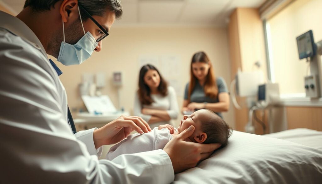 A detailed medical examination of a newborn baby in a cozy, well-lit hospital room. In the foreground, a pediatrician gently examining the infant, checking their vital signs and reflexes. The middle ground shows the supportive parents observing the process with a mix of anticipation and gentle concern. In the background, medical equipment and charts provide a sense of professionalism and care. The lighting is warm and inviting, creating a serene atmosphere of trust and reassurance. The camera angle is slightly elevated, capturing the intimacy of the moment while providing a comprehensive view of the examination procedure.