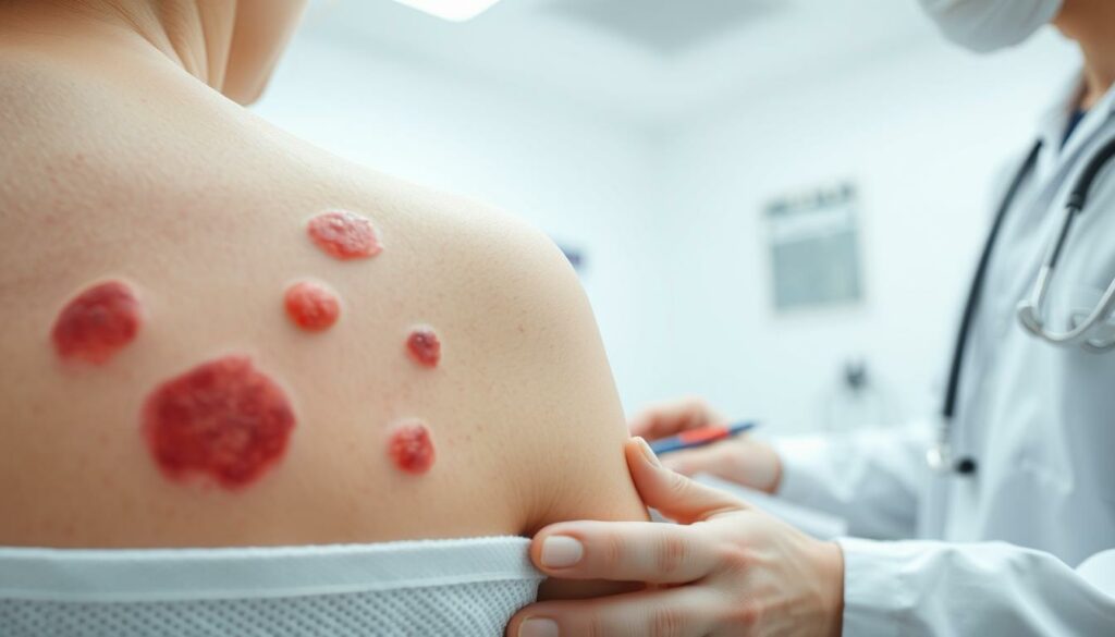 A detailed medical examination of a patient's rash, with a close-up view of the characteristic red, raised spots typical of rubella. The scene is set in a well-lit, sterile clinic environment, with a doctor closely inspecting the skin and making notes. The lighting is bright and even, highlighting the textural details of the rash. The angle is slightly elevated, giving a clear view of the affected area. The overall mood is one of professional, clinical observation, with a sense of the doctor's focused attention on accurately diagnosing the condition.
