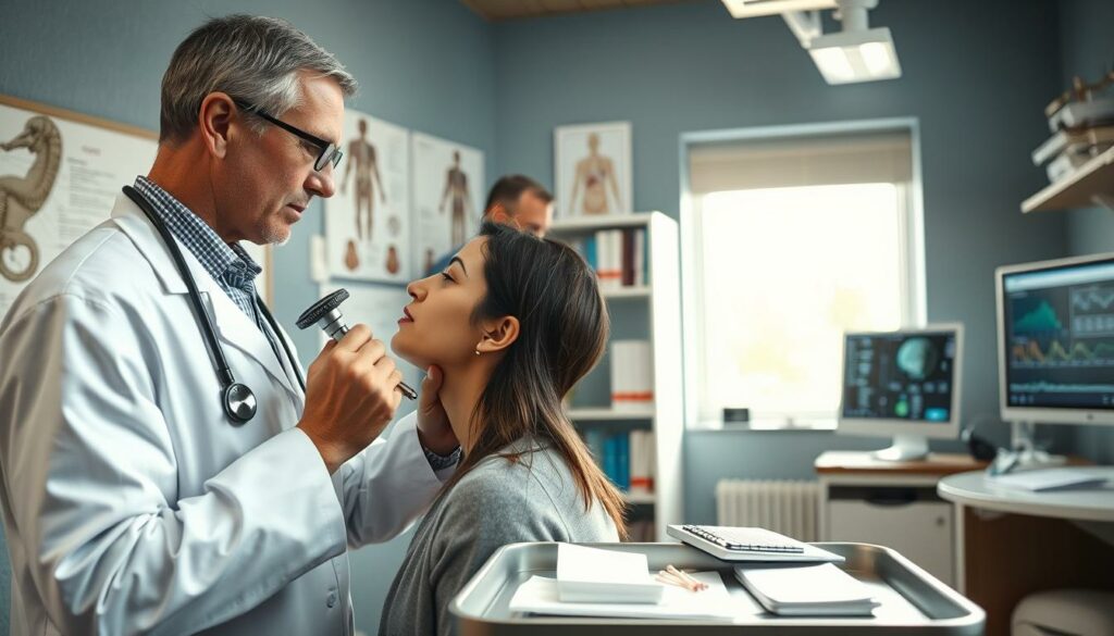 A detailed medical examination room with bright, natural lighting shining through large windows. In the foreground, a doctor in a white coat examines a patient, studying their throat with a focused expression. Medical equipment like an otoscope, stethoscope, and tongue depressors are neatly arranged on a tray nearby. The background features anatomical diagrams, shelves of medical books, and a computer display showing medical test results, all conveying a sense of professional expertise dedicated to diagnosing the patient's condition.