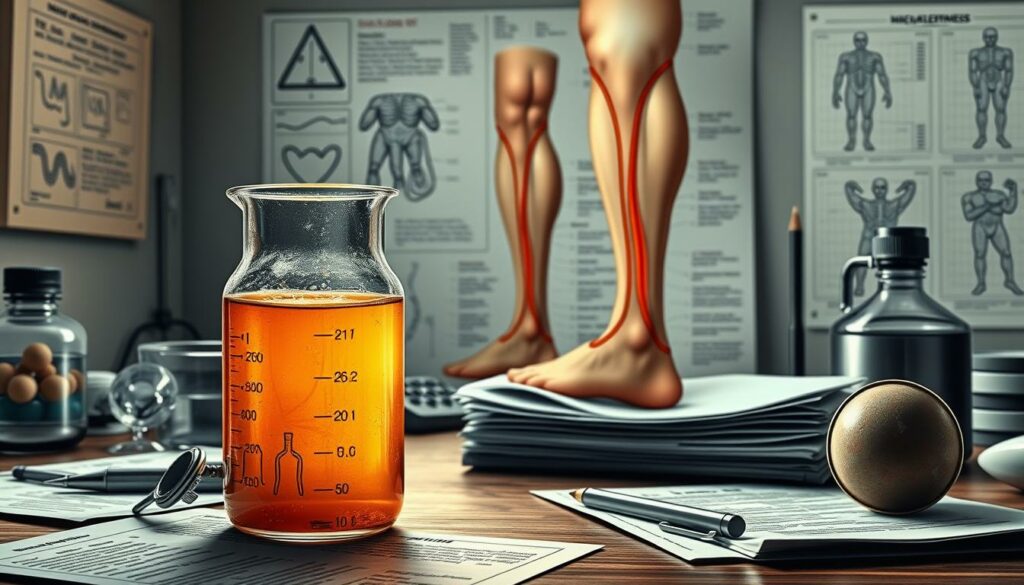 A detailed medical illustration depicting "Studien zur Fiebersenkung", showcasing the scientific background and expert recommendations for using leg compresses. In the foreground, a glass beaker filled with a warm, soothing liquid, surrounded by various scientific instruments and documents. In the middle ground, a detailed cross-section of the human leg, highlighting the circulatory system and the effects of the compress. The background features a subdued, muted color palette, with subtle anatomical diagrams and charts conveying the medical expertise. The lighting is soft and diffuse, creating a contemplative, authoritative atmosphere. The entire composition is rendered with a high level of realism and technical precision, befitting the serious, academic nature of the subject matter.