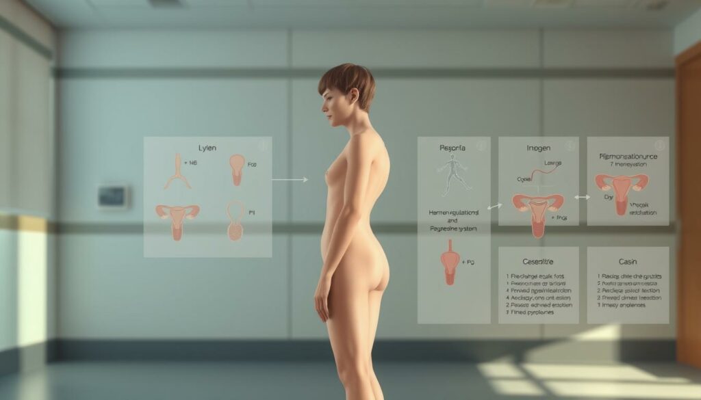 A detailed medical illustration depicting the physical changes marking the end of puberty. In the foreground, a stylized human figure in neutral pose, with subtle shifts in body shape, skin texture, and hair distribution reflecting the maturation of the endocrine system. In the middle ground, delicate overlaid diagrams showcasing the physiological processes - hormonal regulation, organ development, and the cessation of growth spurts. The background features a serene, minimalist medical setting with muted colors, highlighting the clinical and educational nature of the image. Soft lighting from an unseen source casts gentle shadows, emphasizing the natural, anatomical focus. The overall mood is one of scientific objectivity, intended to visually inform and educate the viewer about the markers of puberty's conclusion.
