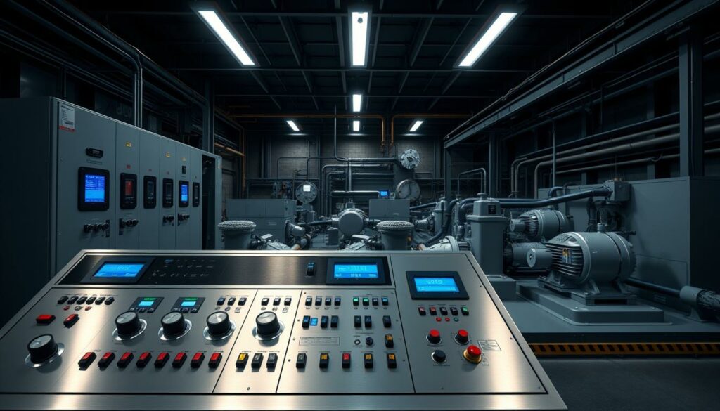 A detailed technical diagram of the three-phase system components. A central control panel with switches, dials, and readouts dominates the foreground, rendered in smooth metallics and backlit with cool blue LEDs. The middle ground features the interconnected motors, transformers, and other machinery in a precise, engineered layout, with clean lines and a muted color palette. The background depicts a shadowy industrial environment, with high ceilings, steel beams, and a sense of industrial power and efficiency. The lighting is directional, emphasizing the technical details and creating dramatic shadows. The overall mood is one of precision, functionality, and the inner workings of a complex three-phase electrical system.
