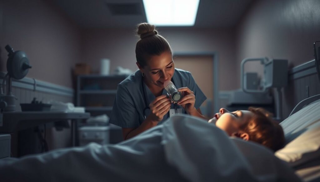 A dimly lit hospital room, the patient's bed in the foreground, illuminated by a soft, warm glow. In the middle ground, a nurse administering first aid, carefully applying a nebulizer mask to the child's face, their concerned expression reflected in the gentle eyes. The background features medical equipment, shelves of supplies, and the muted colors of the institutional setting, creating a sense of calm and professionalism. The overall atmosphere conveys the care and expertise required to manage a case of pseudocroup, with a focus on the essential first aid measures.