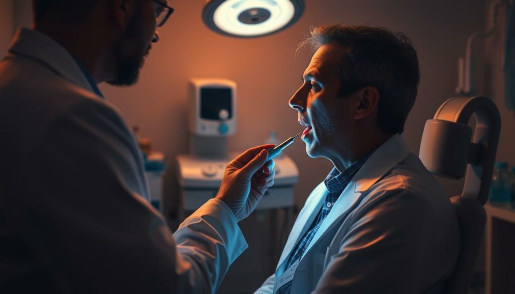 A dimly lit medical examination room, with a patient sitting in a chair facing a physician. The physician is examining the patient's throat, using a tongue depressor and a penlight to inspect the tonsils. The patient's face is partially obscured, conveying a sense of discomfort or concern. The room is clean and sterile, with medical equipment and supplies visible in the background. The lighting is warm and focused, creating a sense of intimacy and urgency. The scene evokes a professional, yet compassionate, atmosphere as the physician diagnoses and treats a bacterial tonsillitis.