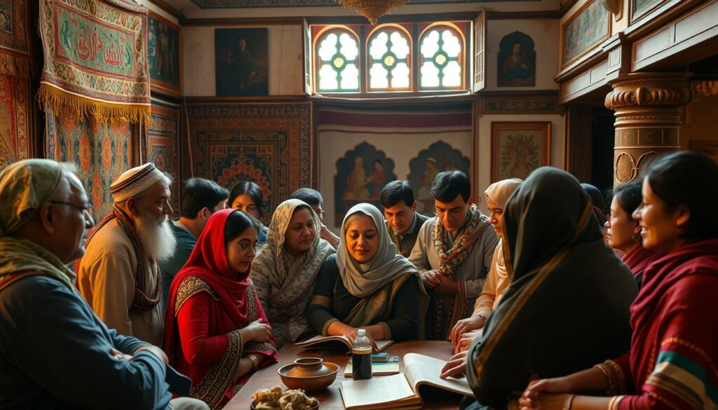 A diverse group of people from various cultural backgrounds engaged in lively discussions and interactive learning activities, set against a backdrop of colorful tapestries, traditional art, and architectural elements that reflect the rich heritage of different societies. Warm lighting casts a contemplative glow, creating an atmosphere of intellectual curiosity and mutual understanding. The scene captures the essence of how cultural context shapes educational approaches and nurtures a deeper appreciation for diverse perspectives.
