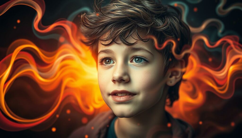 A dynamic hormonal landscape in the depths of adolescence. A young person's face, brimming with the energy of change, set against a backdrop of swirling, color-shifting forms that symbolize the surge of hormones. Warm lighting casts a soft, introspective glow, while the composition plays with depth and movement to capture the inner turmoil and transformation of this vital life stage. The image conveys the complexity, vitality, and vulnerability of the hormonal shifts that define the challenging yet formative years of puberty.