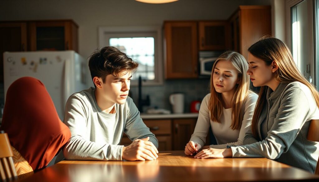 A family of four - a mother, father, teenage son, and teenage daughter - gathered around a kitchen table, engaged in an earnest discussion. The lighting is warm and inviting, with soft natural light filtering in from a nearby window. The teenagers appear attentive, their expressions a mix of interest and apprehension, while the parents have a supportive, understanding demeanor. In the background, the kitchen is tidy and organized, conveying a sense of stability and care. The overall mood is one of open communication, with a focus on finding practical solutions to the challenges of adolescence.
