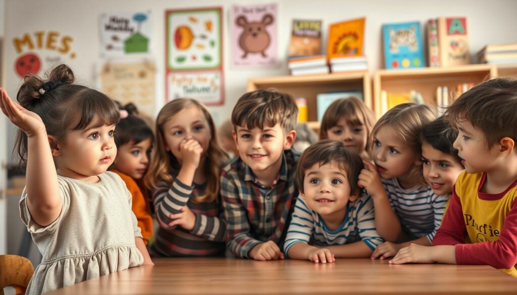 A group of curious children gathered around a table, their faces filled with wonder and curiosity. In the foreground, a young girl stands, her hand raised as she poses a thoughtful question. The middle ground features a diverse array of children, each with a unique expression - some ponder, others raise their hands eagerly, while a few lean in, captivated by the discussion. The background sets the scene, depicting a cozy, brightly lit classroom, with colorful educational posters and shelves brimming with books, creating an atmosphere of learning and discovery. Soft, warm lighting illuminates the scene, emphasizing the children's inquisitive expressions and the collaborative, nurturing environment. The overall composition conveys the essence of the "Fragealter" - a time when children's natural curiosity is at its peak, and their questions open doors to new understanding.