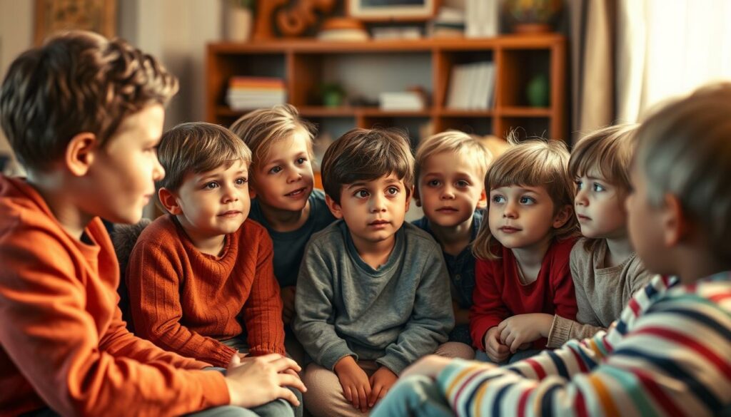 A group of curious children seated around a cozy living room, their faces alight with wonder as they ponder life's big questions. Warm, soft lighting bathes the scene, casting a comforting glow. The children lean forward, eyes wide, hanging on every word as a kind, patient adult listens intently and responds with gentle wisdom. The room is filled with a sense of curiosity, discovery, and the joy of exploring the world through innocent, inquisitive minds.
